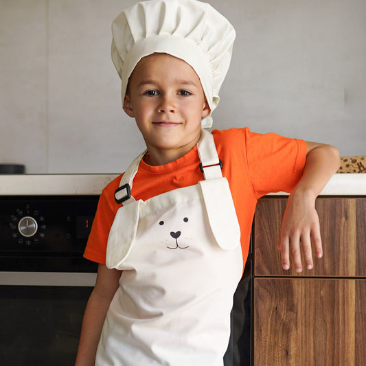 APRON AND HAT SET, ecru, with appliqué